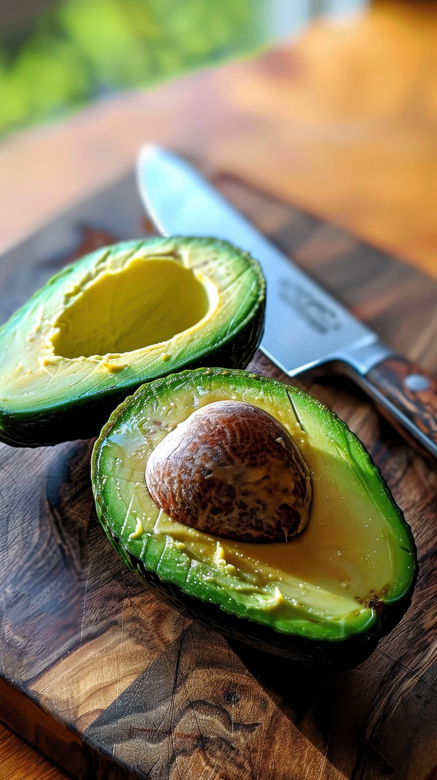 sliced ripe avocado on a wooden cutting board with a knife ready for preparation